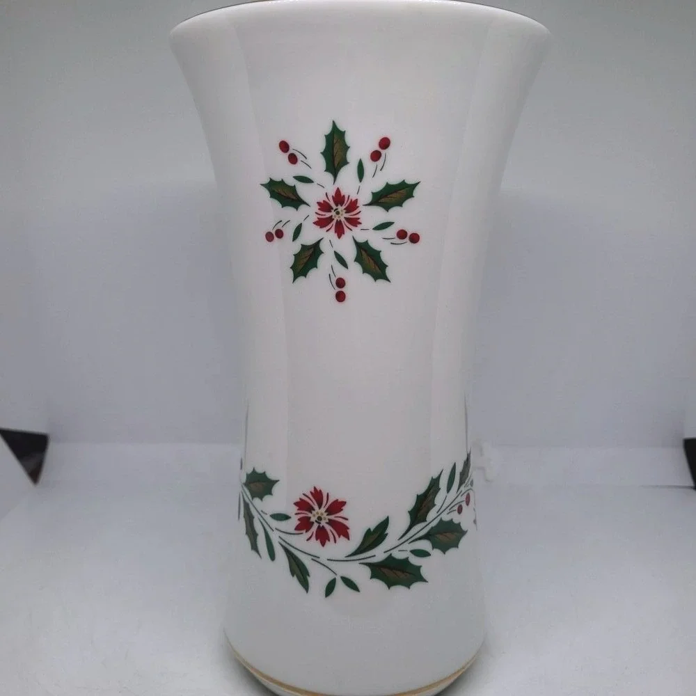 Vintage Poinsettia Porcelain Vase White Red Green Gold Trim Holiday Decor